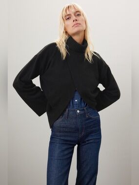 Turtleneck Crossover Knit Sweater - Black